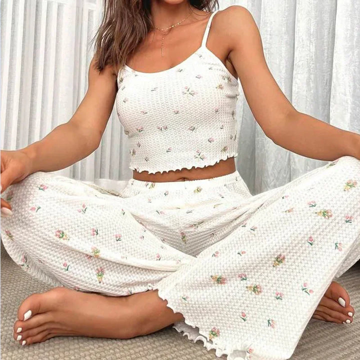Pigiama Estivo Donna 2 Pezzi in Tessuto Waffle – Top con Spalline e Pantaloni Larghi Comodi