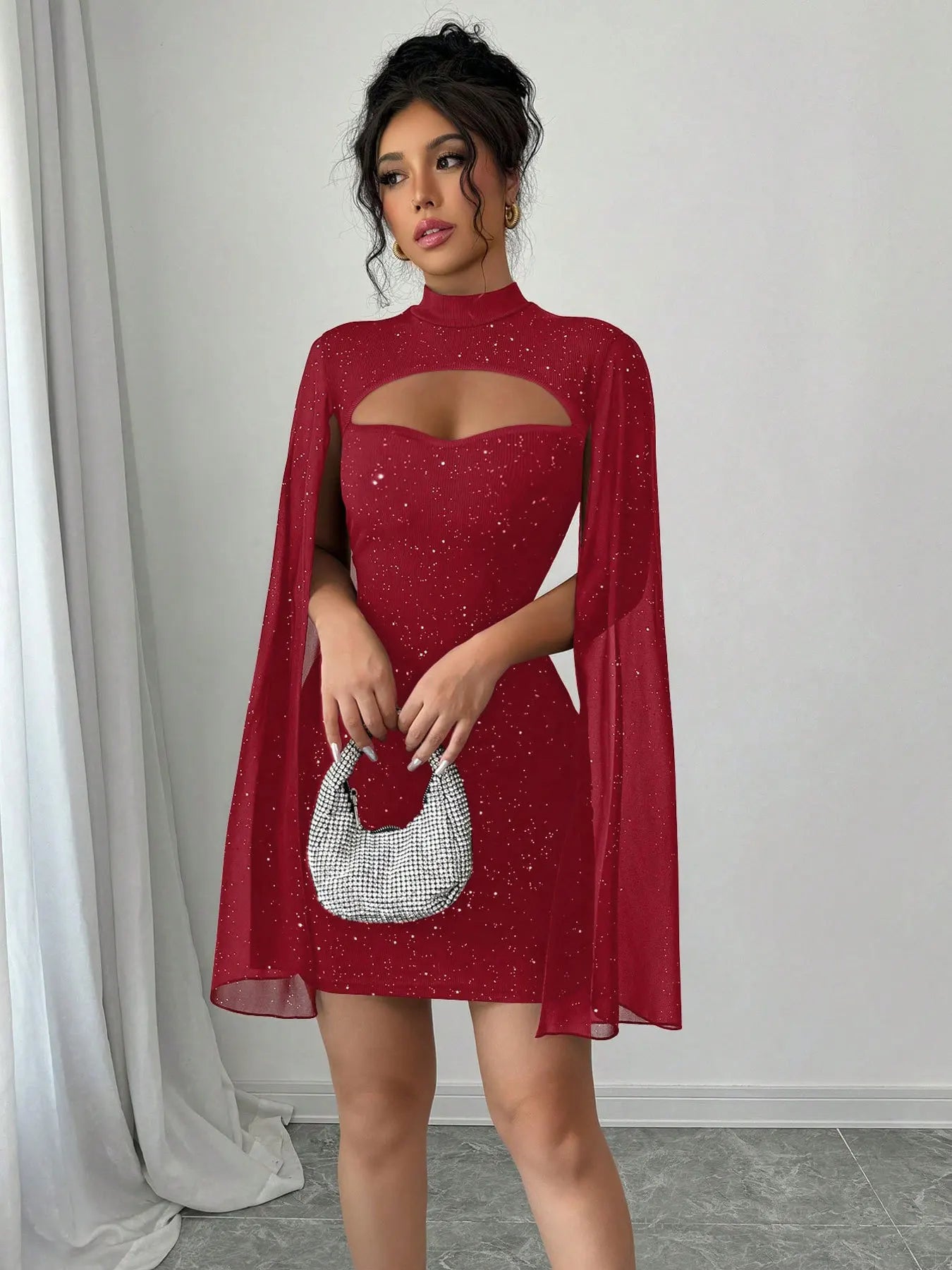 Abito Elegante Donna con Mantella in Chiffon – Vestito Cerimonia Aderente