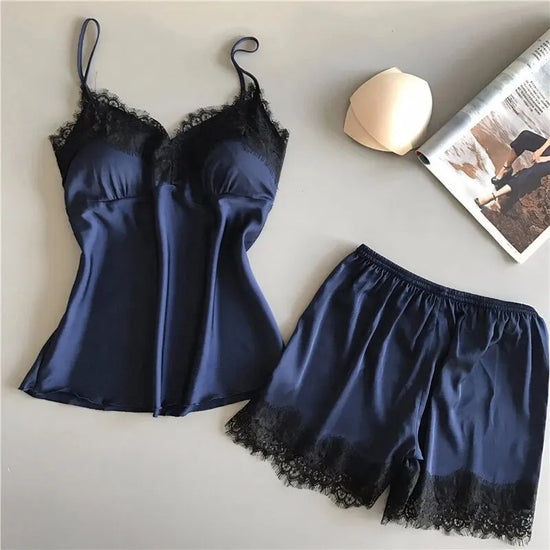 Pigiama donna sexy con pizzo | Completo due pezzi estivo in raso con pantaloncini | Pigiama elegante V-neck pizzo per dormire e sedurre