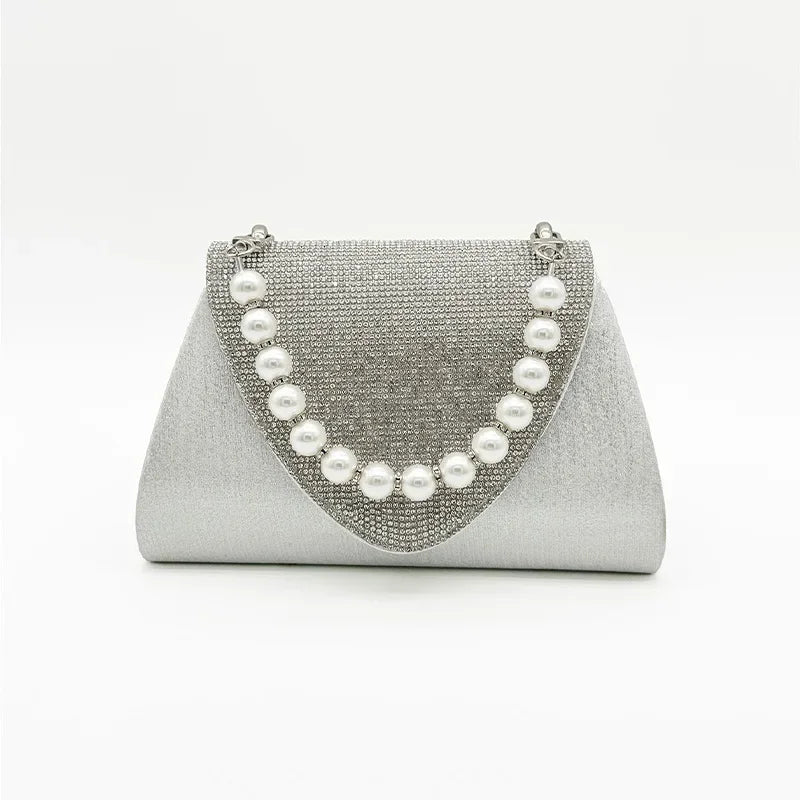 Clutch quadrata con perle e strass – Borsa da sera elegante per cocktail e matrimonio