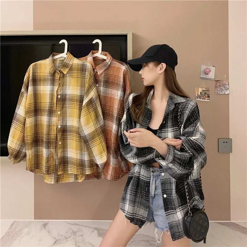 Camicia a quadri donna autunno 2025 – camicia manica lunga stile preppy vintage, taglio loose, single-breasted