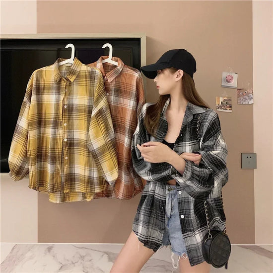 Camicia a quadri donna autunno 2025 – camicia manica lunga stile preppy vintage, taglio loose, single-breasted