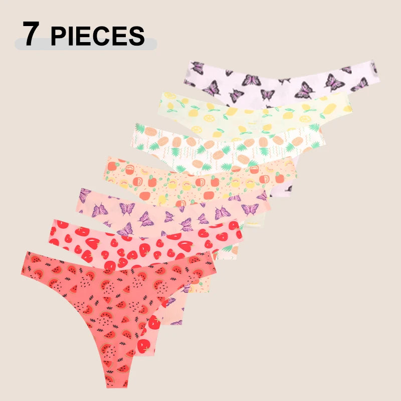 Set 7 pezzi perizomi donna in ice silk ultra sottile – G-string vita bassa con stampa farfalla/leopardato/frutta, lingerie comfort e sexy