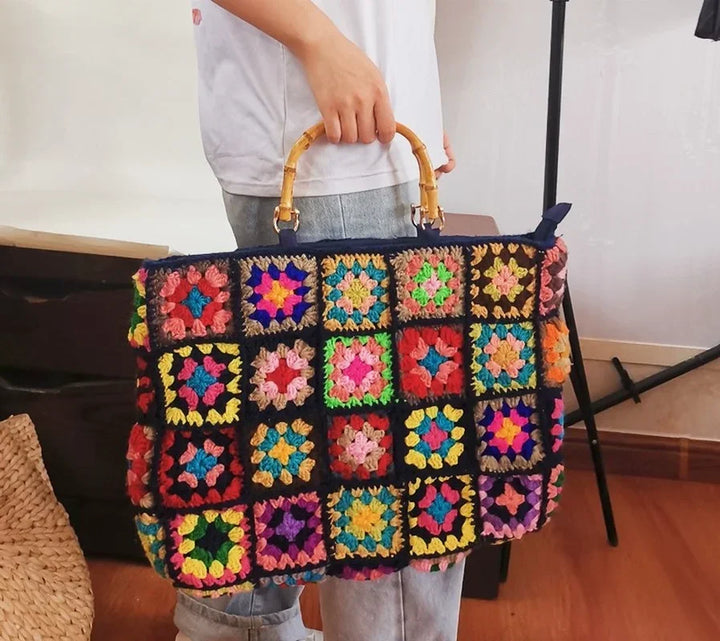 Kit borsa granny square etnica – set fai-da-te per borsa con perle, mano in legno, stile boho / woven, handbag artigianale