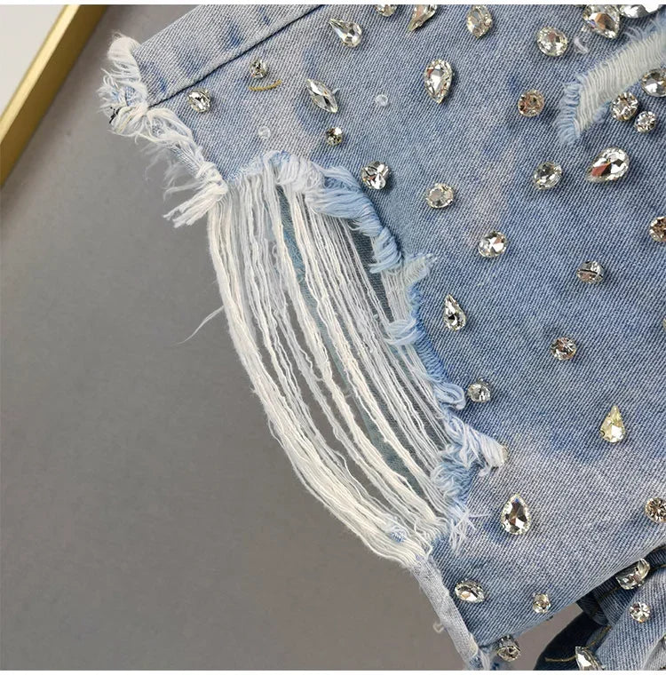 Shorts jeans donna Y2K vita alta con strass e frange – Primavera 2025