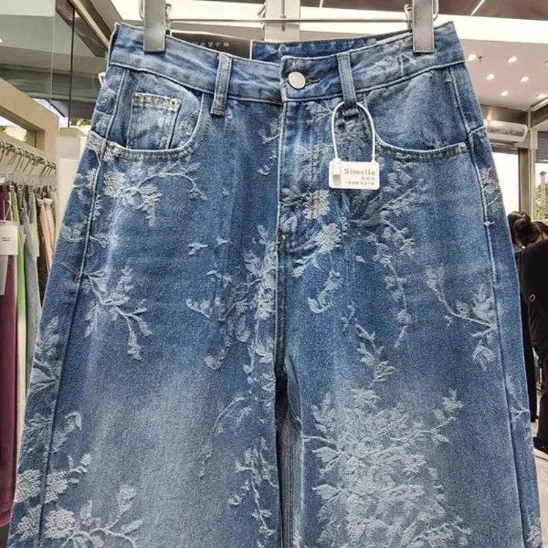 Jeans Wide Leg Donna a Vita Alta con Motivo Jacquard