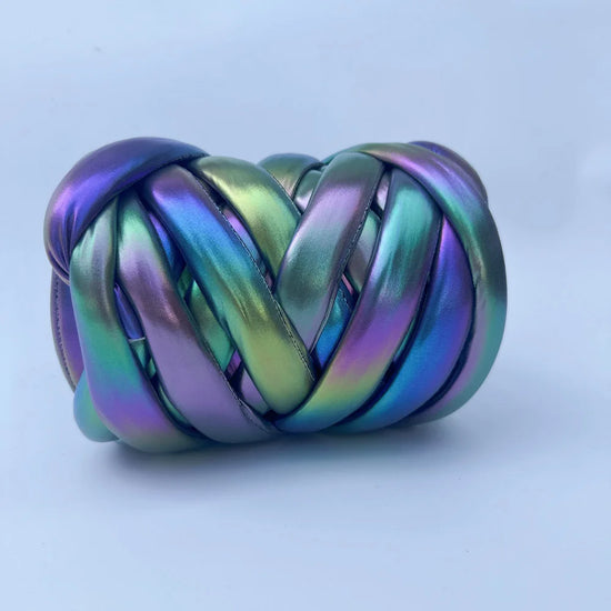 Filato mesh / ecopelle marshmallow per borse e uncinetto – opaco/lucido + pelle intrecciata artigianale