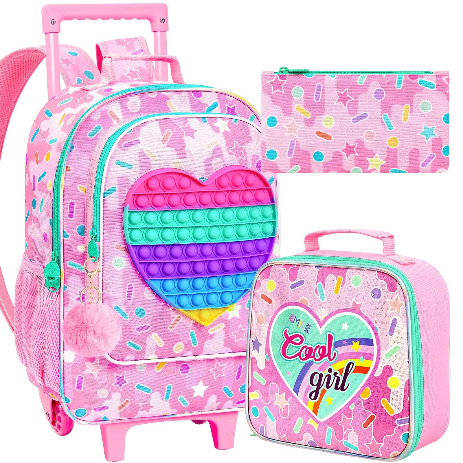 3PCS Rolling Backpack for Girls, Kids Roller Wheels Bookbag, Wheeled School Bag with Lunch Bag - Heart Purple