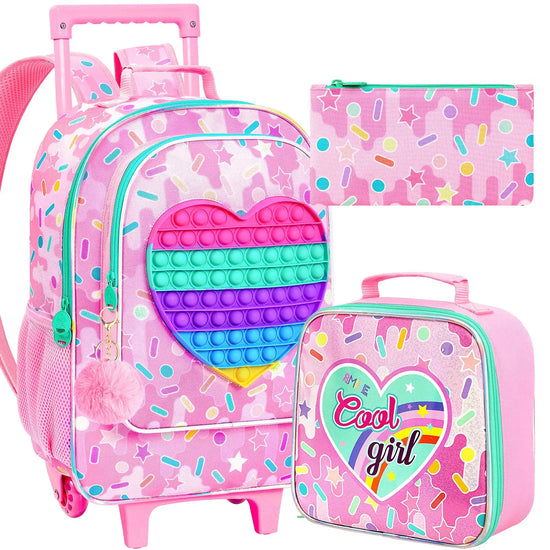 3PCS Rolling Backpack for Girls, Kids Roller Wheels Bookbag, Wheeled School Bag with Lunch Bag - Heart Purple