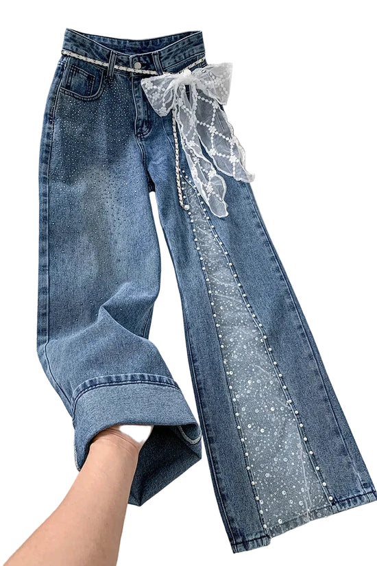 Jeans Donna Wide Leg con Pizzo, Perle e Cristalli