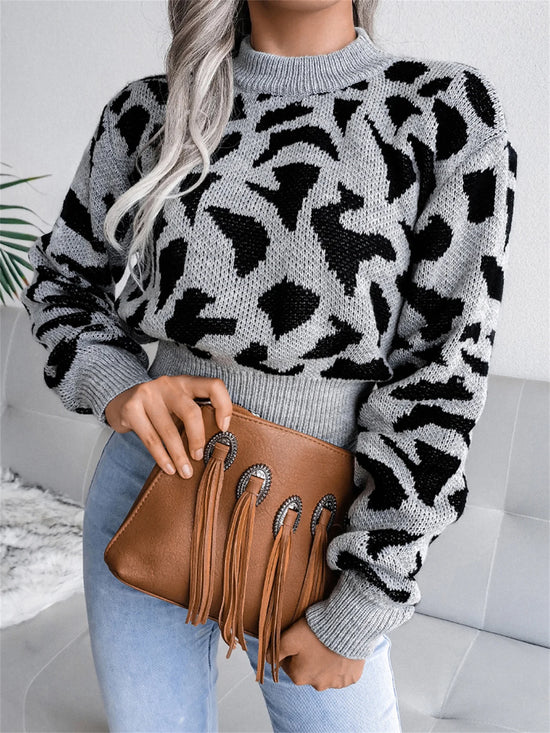 Pullover con stampa leopardata donna – Maglione corto girocollo per autunno/inverno, knit con raccolta in vita