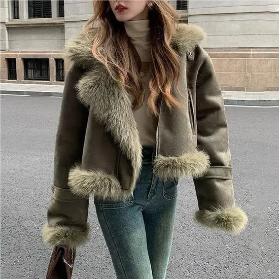 Giacca biker in pelle scamosciata donna con fodera in pelliccia sintetica – Cappotto corto casual slim fit per autunno e inverno