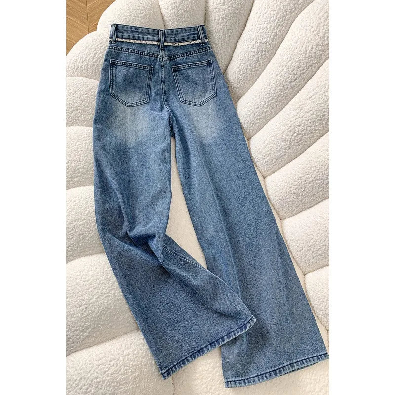 Jeans Donna Wide Leg con Pizzo, Perle e Cristalli