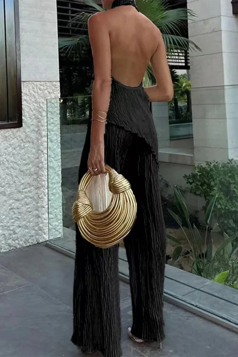 Set donna elegante con top irregolare + pantaloni a zampa bell bottom – completo fashion sexy per outfit da sera / casual chic
