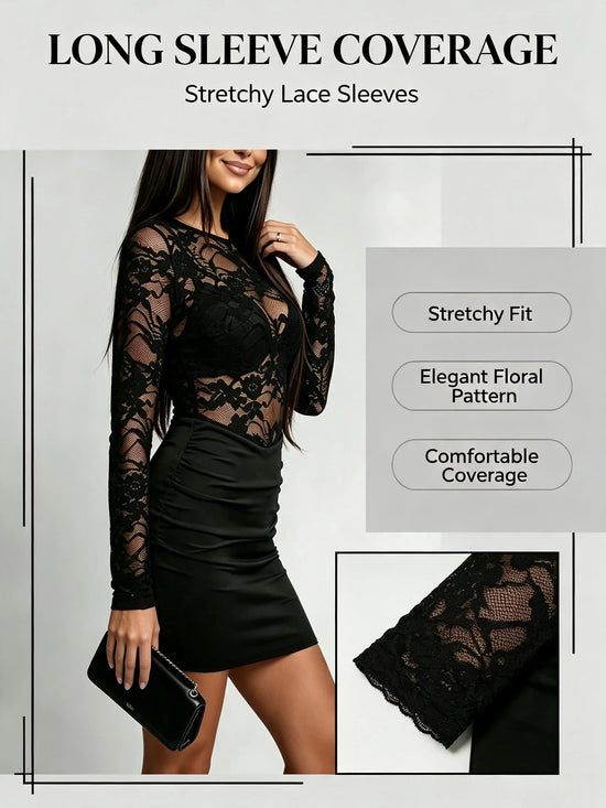 Vestito nero in pizzo aderente con maniche lunghe