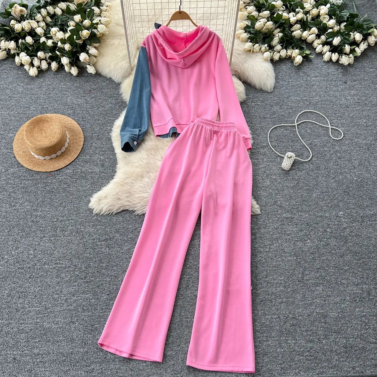 Set denim donna 2025 – completo felpa con cappuccio + pantaloni larghi elasticizzati, co-ord casual trendy