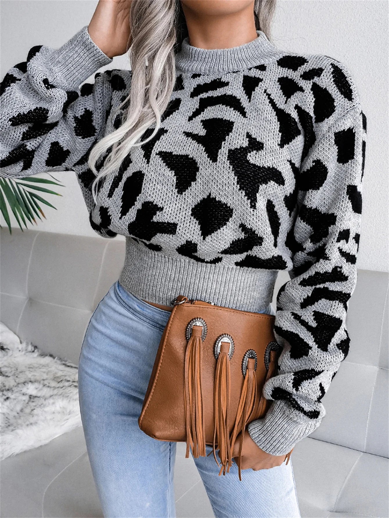 Pullover con stampa leopardata donna – Maglione corto girocollo per autunno/inverno, knit con raccolta in vita
