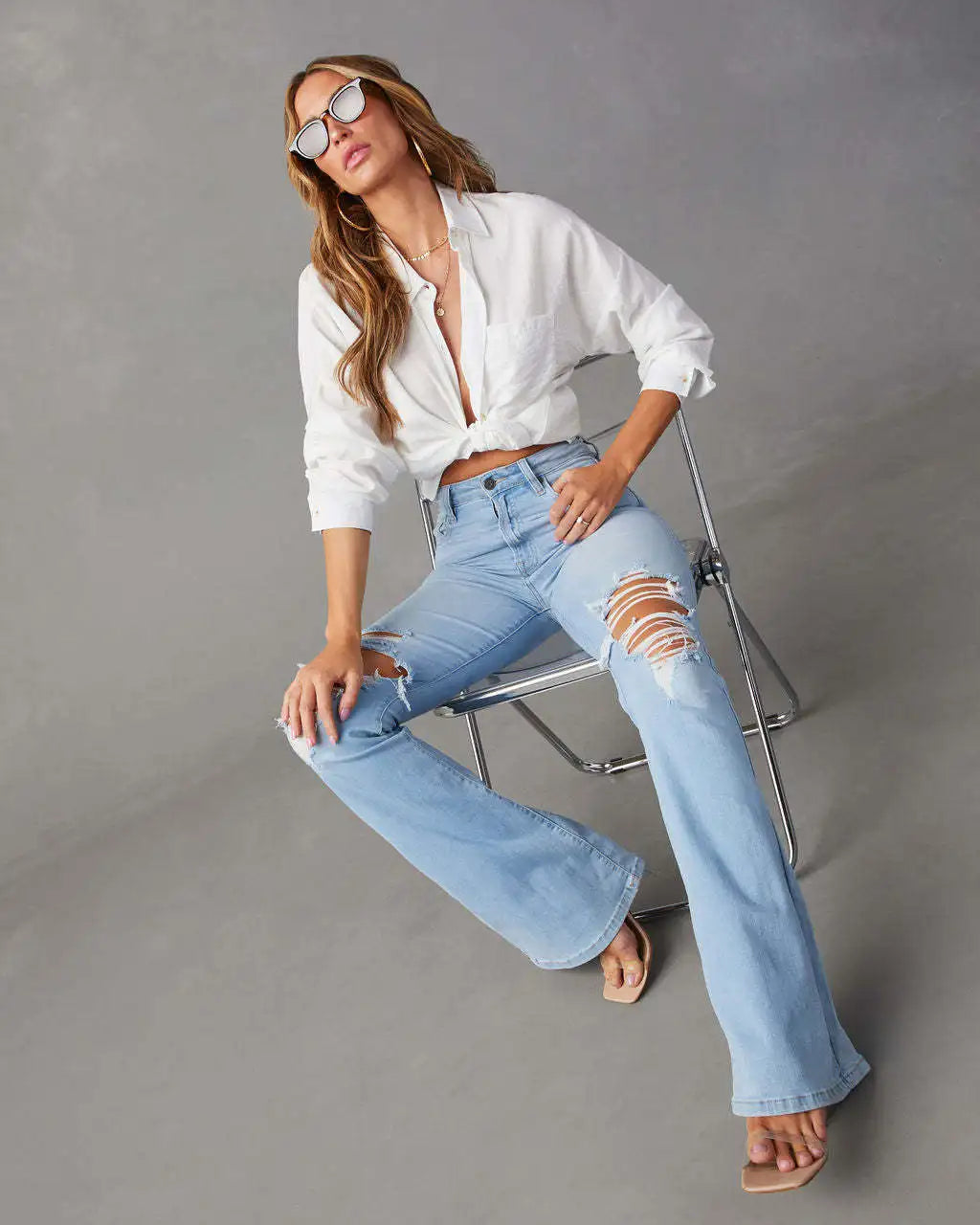 Jeans Donna Vita Alta Flare Ankle con Tasche & Strappi – Denim Loose Fit