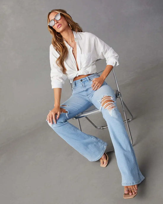 Jeans Donna Vita Alta Flare Ankle con Tasche & Strappi – Denim Loose Fit