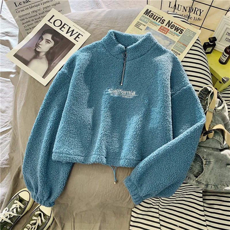 Felpa donna in pile con collo alto, zip e coulisse