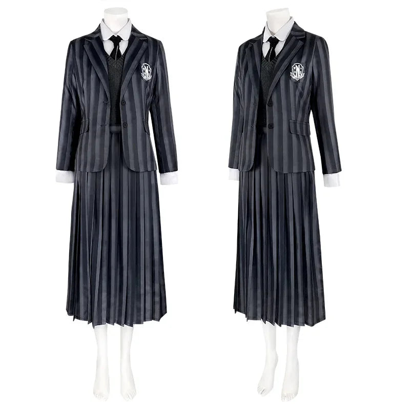 Costume università Mercoledi Addams 2025 – uniforme scolastica cosplay con giacca, gilet, gonna, perfetto per Halloween/adulti e bambini