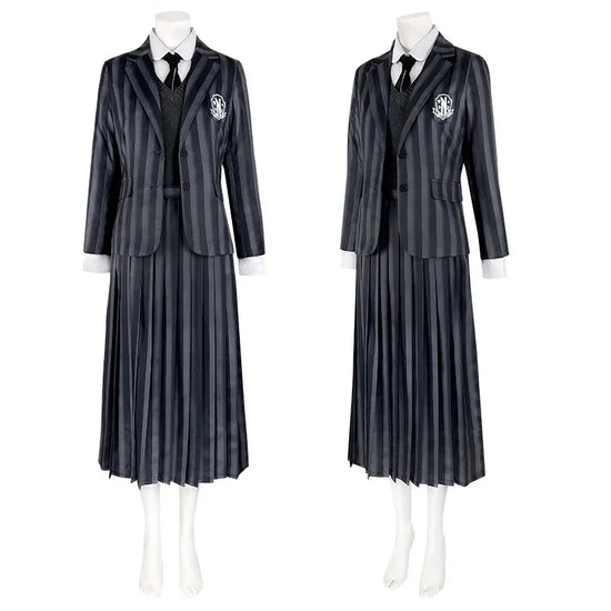 Costume università Mercoledi Addams 2025 – uniforme scolastica cosplay con giacca, gilet, gonna, perfetto per Halloween/adulti e bambini
