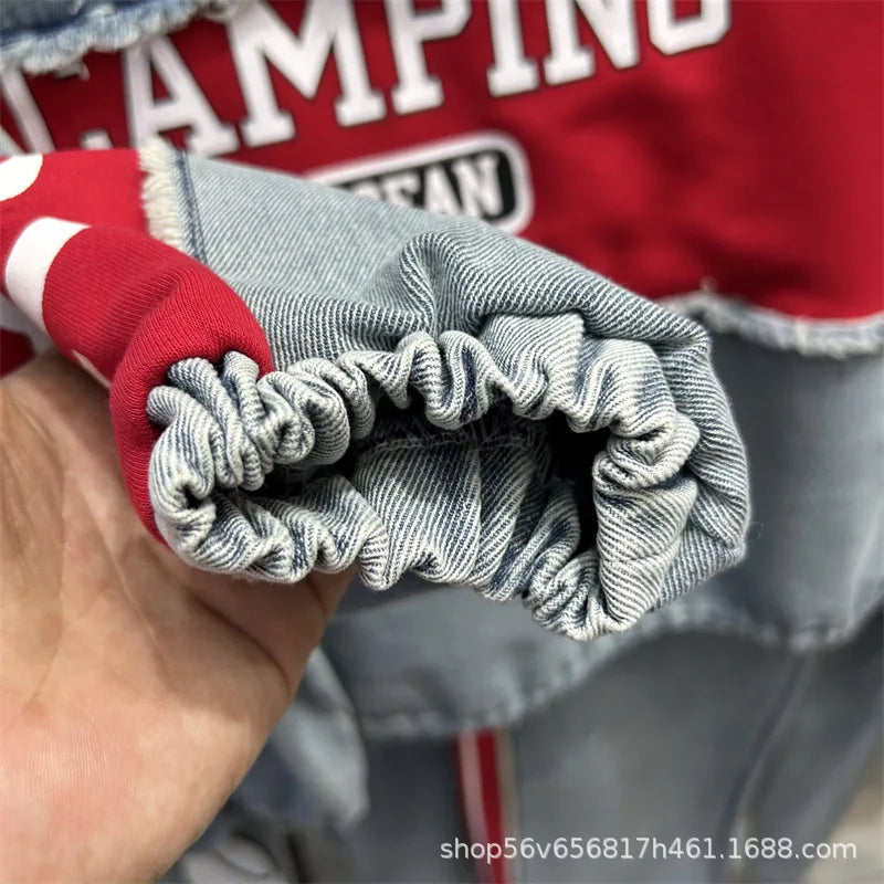 Completo Donna Denim Patchwork – Felpa + Pantaloni Streetwear Casual