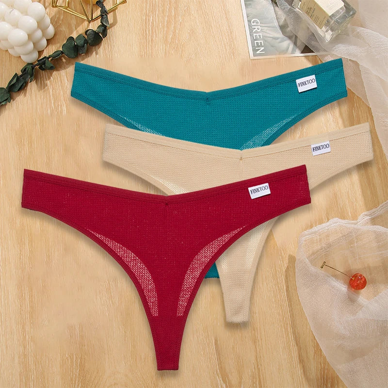 Set 3 pezzi perizomi donna G-string in cotone waffle a vita bassa – underwear sexy comfort quotidiano