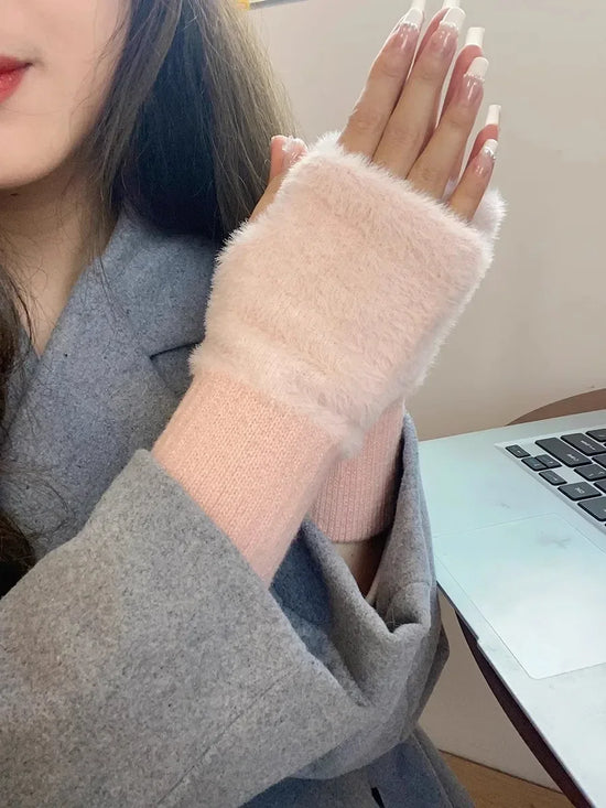 Guanti in pelliccia sintetica “mink fleece” half-finger donna – Guanti senza dita caldi e morbidi per l’inverno, perfetti per scrivere e usare lo smartphone