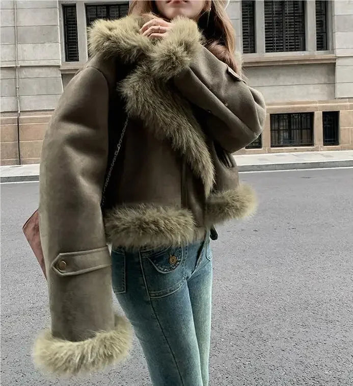 Giacca biker in pelle scamosciata donna con fodera in pelliccia sintetica – Cappotto corto casual slim fit per autunno e inverno