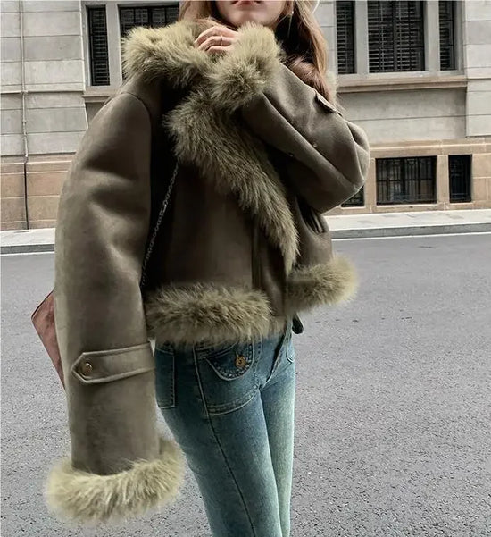 Giacca biker in pelle scamosciata donna con fodera in pelliccia sintetica – Cappotto corto casual slim fit per autunno e inverno