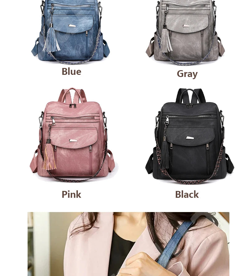 Zaino donna in pelle sintetica impermeabile + ant-furto – travel business college backpack grande capacità con nappina 2025