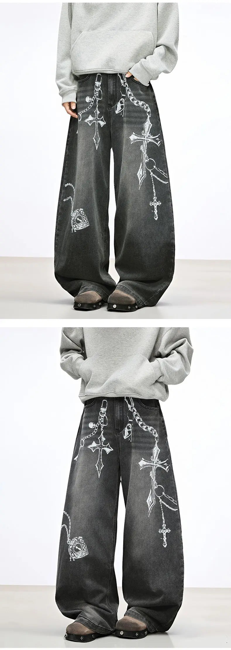 Jeans Baggy Unisex Neri con Stampa a Croce - immagine 12
