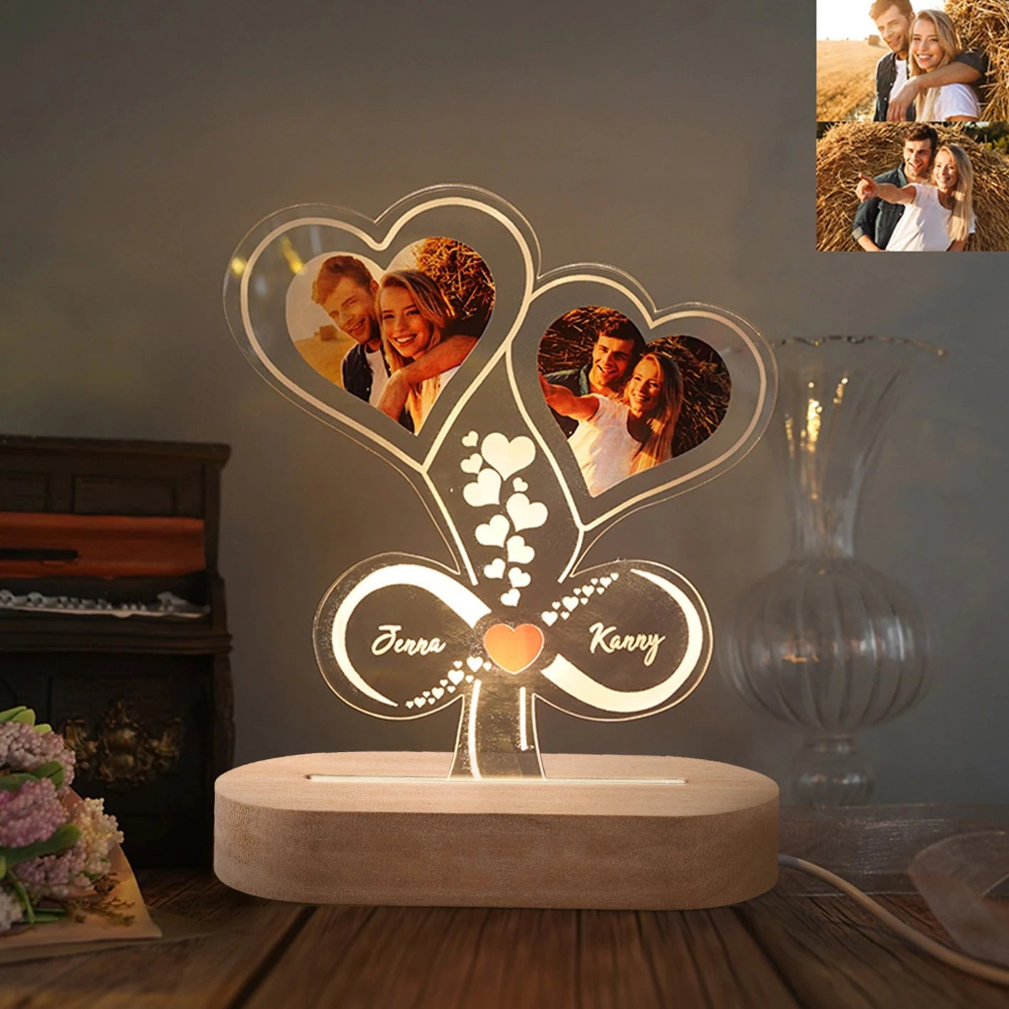 Lampada LED 3D Personalizzata con Foto, Nome e Data – Regalo Romantico per Coppie