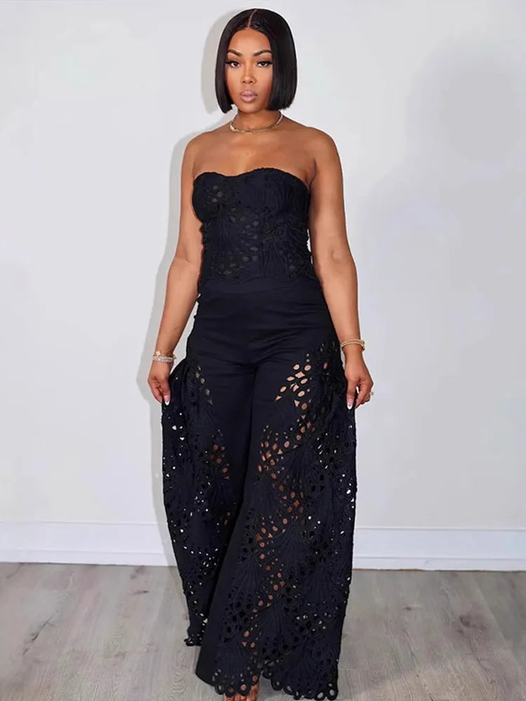 Set top strapless traforato + pantaloni – coordinato donna sexy senza spalline con design hollowed per look chic