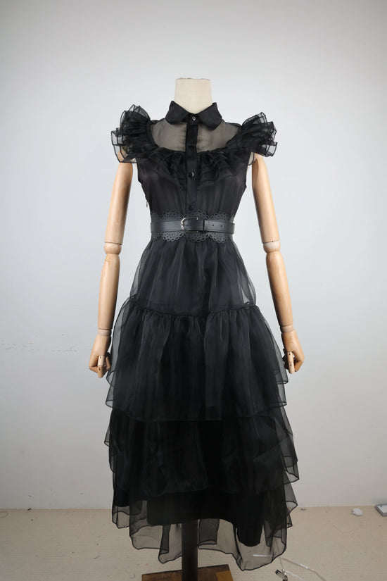 Costume Halloween Wednesday Addams 2025 ‒ abito nero elegante con pizzo & cut-out per party e role play