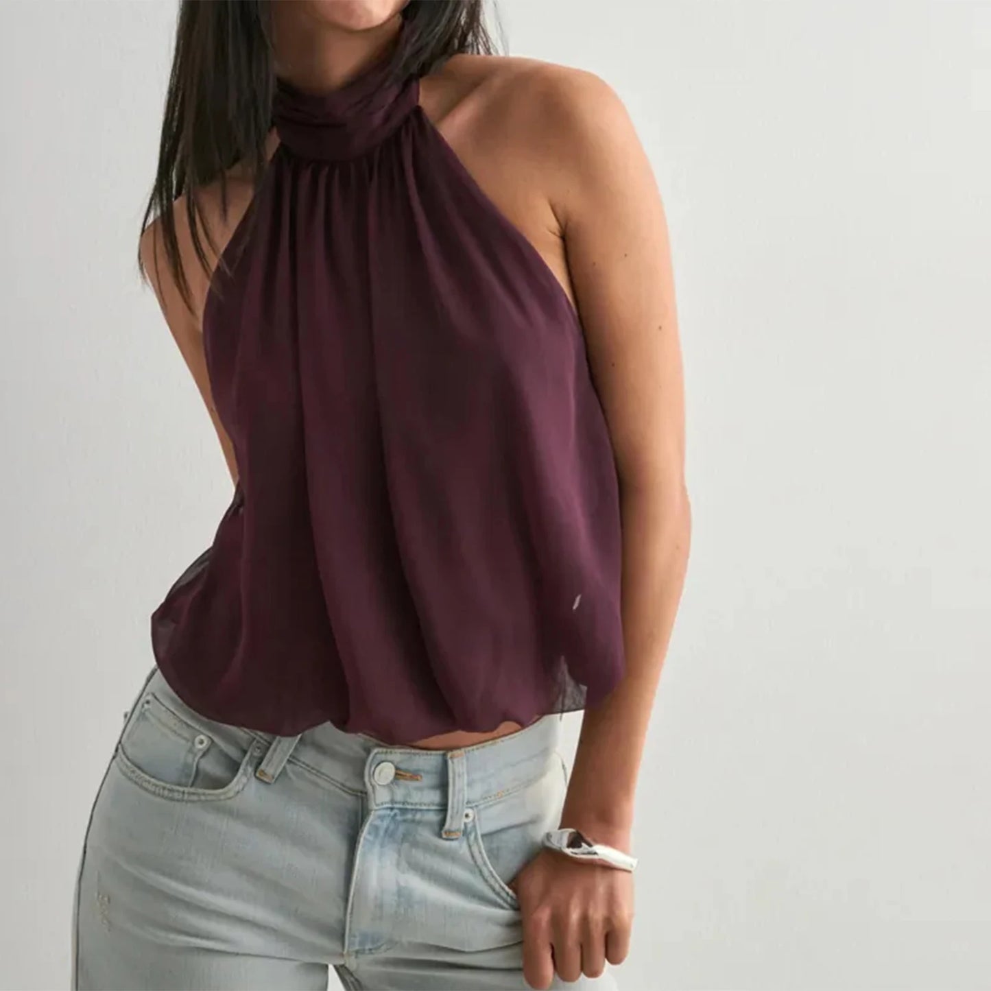 Women Puffy Halter Top Bubble Hem Pleated Halterneck Tank Top Elegant Sexy Backless Going Out Crop Camisole