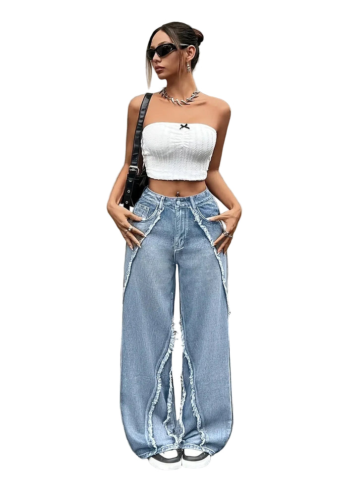 Jeans Wide Leg Donna Vita Alta con Orlo Sfrangiato