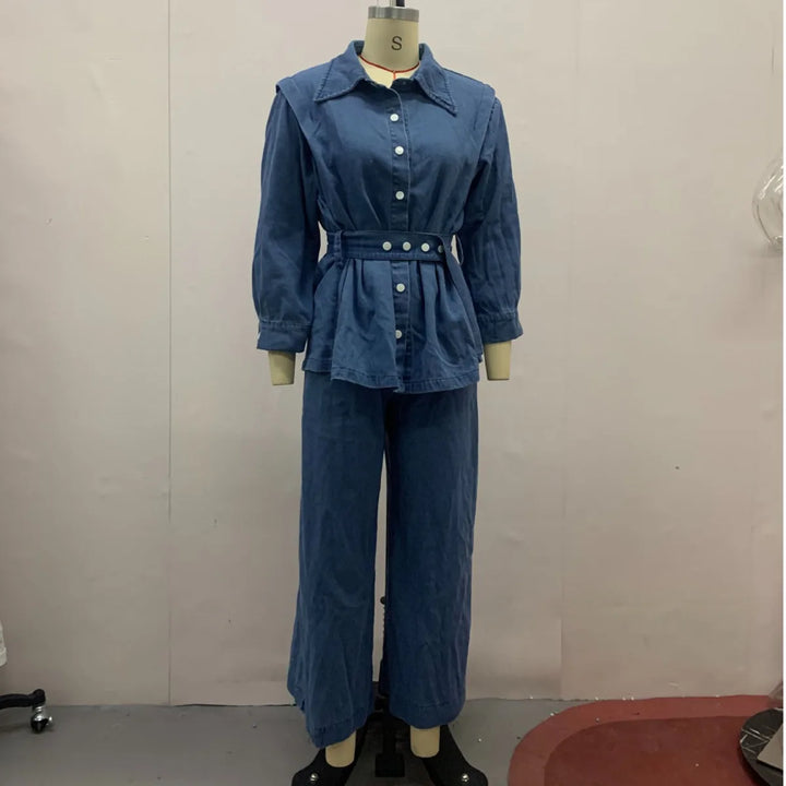 Tuta denim donna 2025 – giacca lunga a maniche lunghe + pantaloni a gamba ampia di alta qualità, stile autunnale