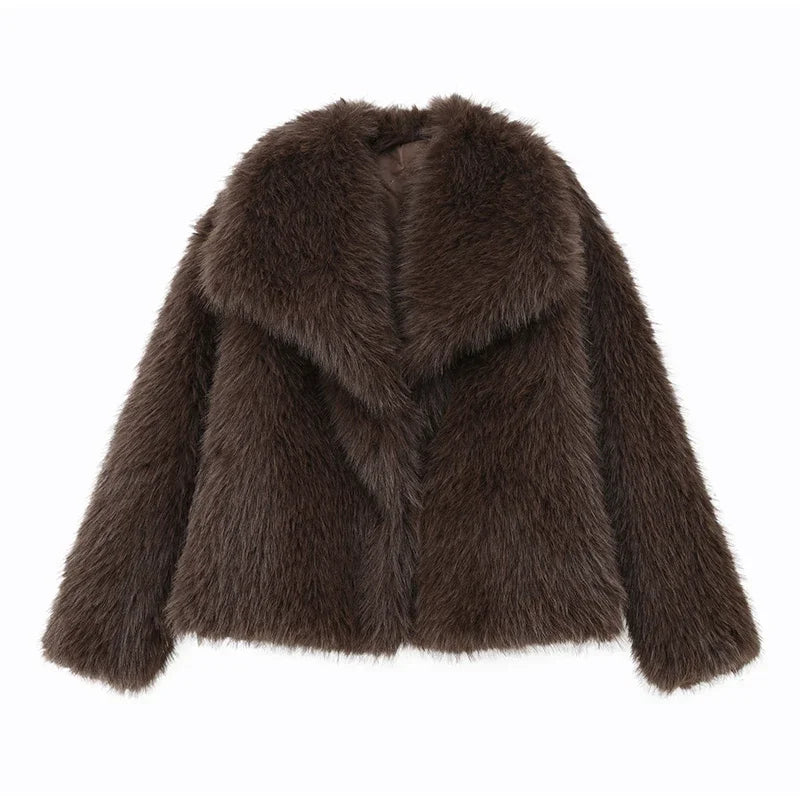 Pelliccia corta donna marrone con collo a rever