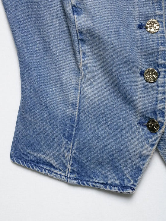 Set denim donna 2 pezzi 2025 – gilet con bottoni + jeans a vita alta wide-leg, look streetwear casual chic
