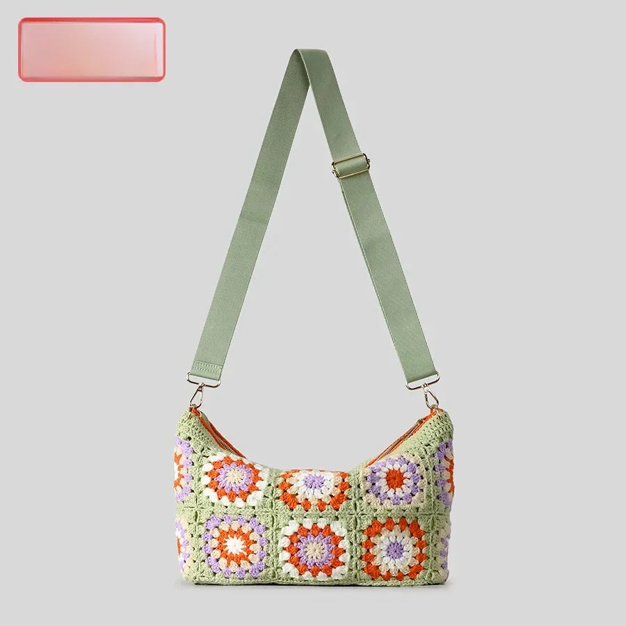 Borsa a tracolla in cotone uncinetto traforato – shoulder bag artigianale floreale con zip, stile boho