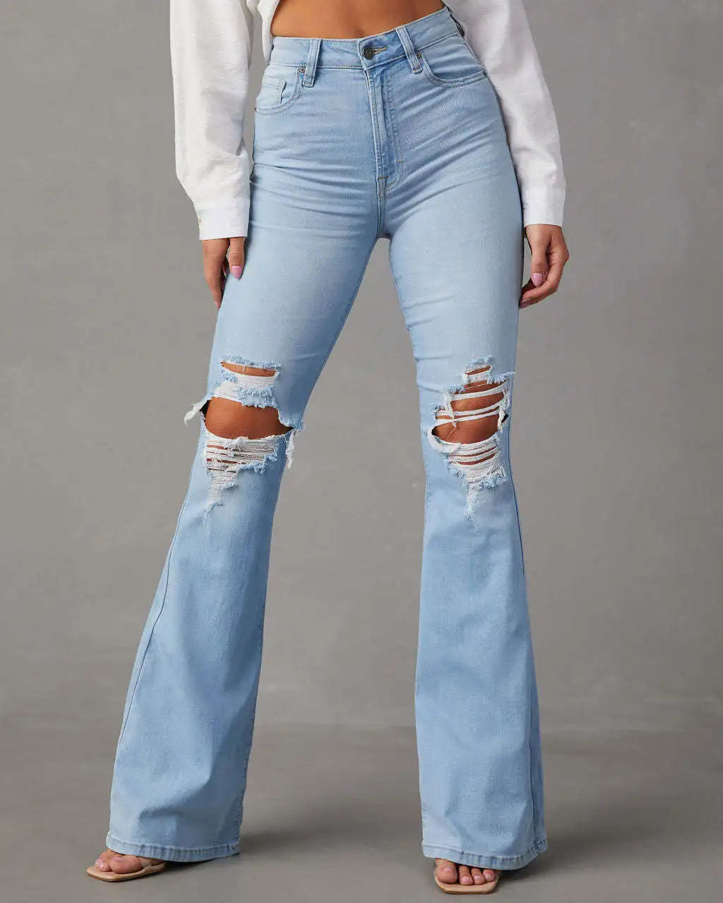 Jeans Donna Vita Alta Flare Ankle con Tasche & Strappi – Denim Loose Fit