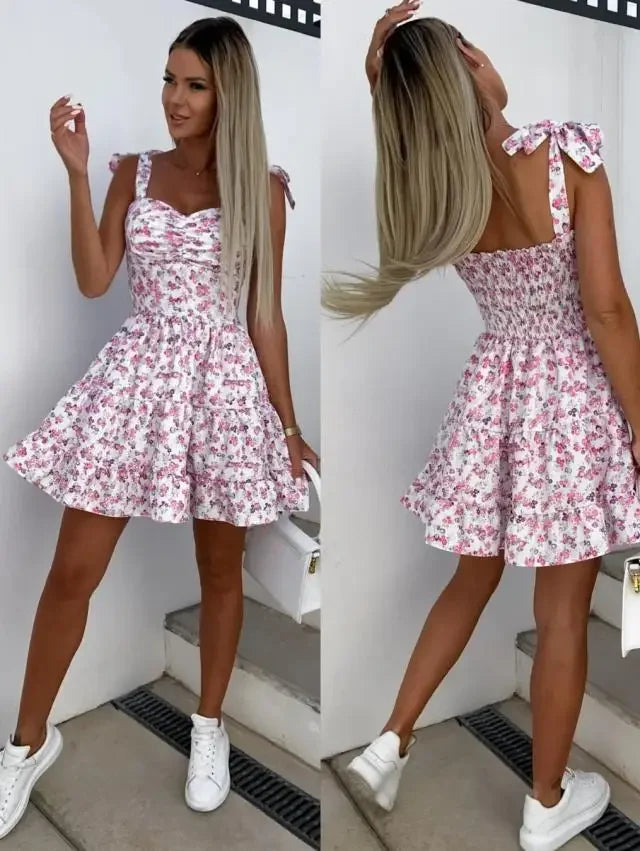 Abito mini estivo 2025 con stampa, scollo halter, spalline regolabili – Vestito donna fresco e unico