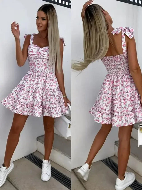 Abito mini estivo 2025 con stampa, scollo halter, spalline regolabili – Vestito donna fresco e unico