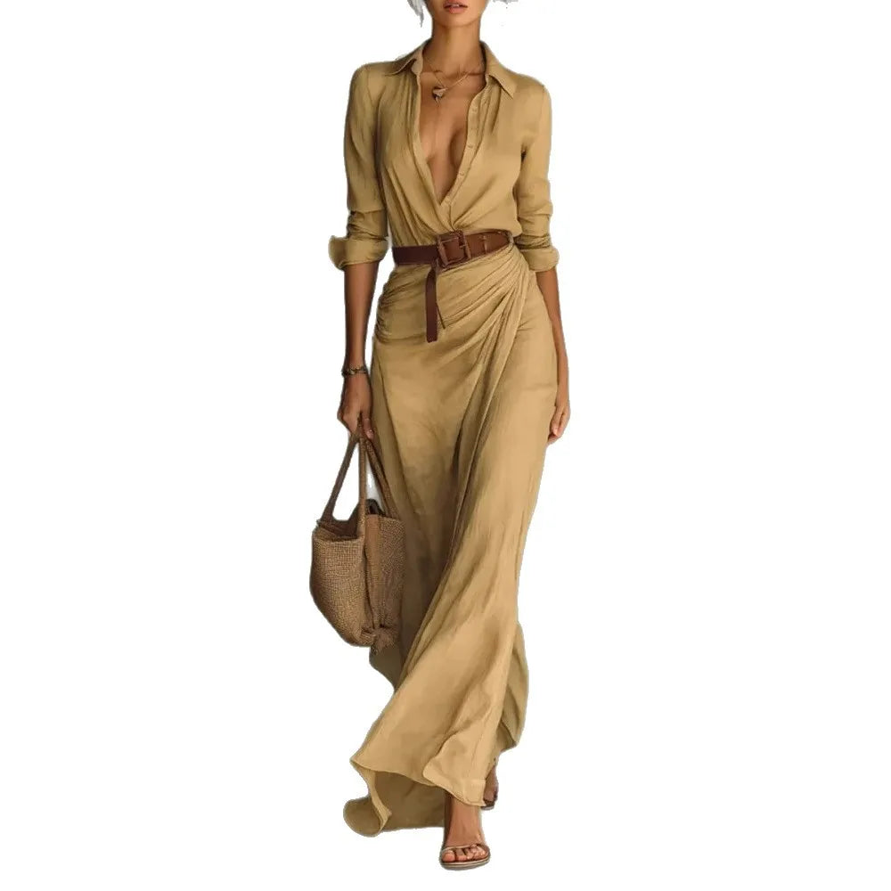 Vestito lungo donna 2025 ‒ abito elegante manica lunga con scollo profondo, cintura, taglio asimmetrico “irregular”, perfetto per party e occasioni speciali