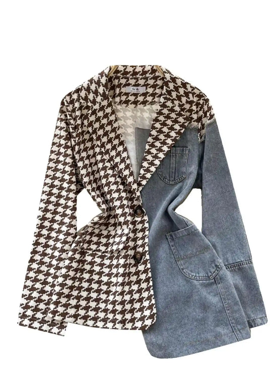 Giacca patchwork in denim con rever 2025 – blazer overshirt donna doppio bottone, vita slim, stile commuter