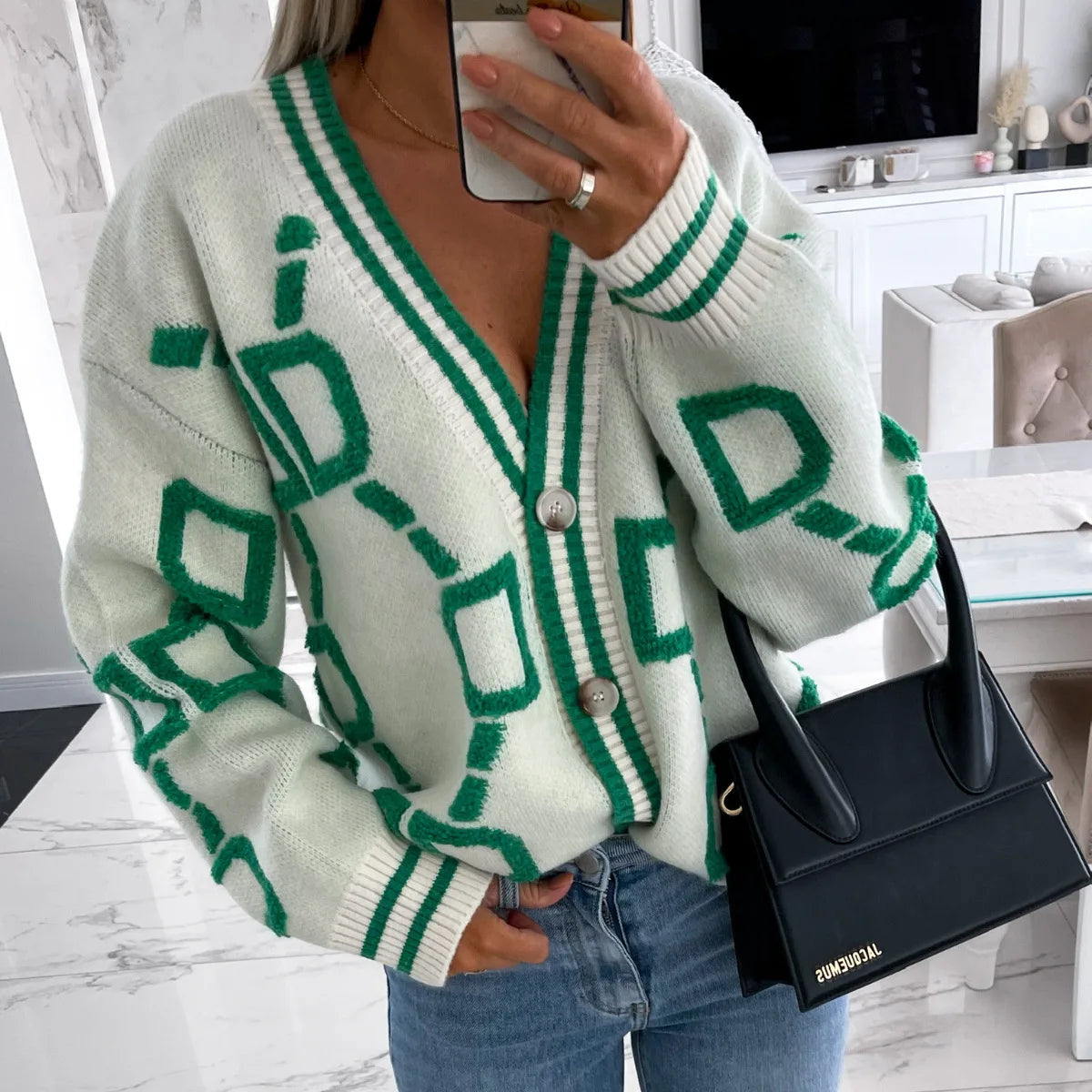 Cardigan lungo jacquard donna 2025 – Cappotto maglia jacquard con scollo a V, maniche lunghe e chiusura monopetto