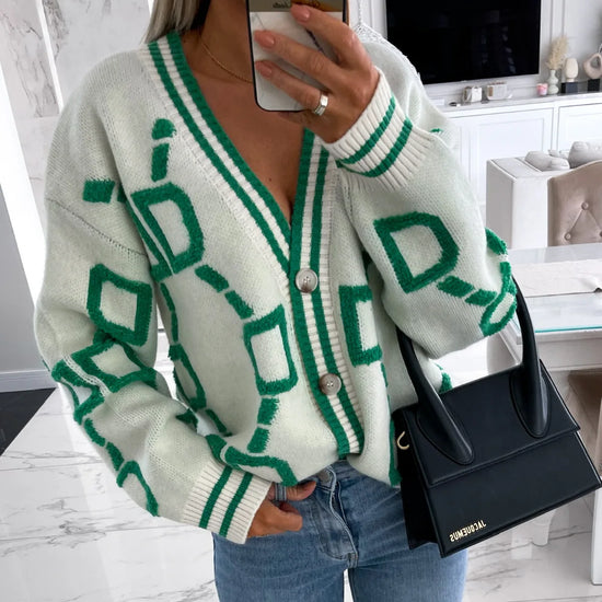 Cardigan lungo jacquard donna 2025 – Cappotto maglia jacquard con scollo a V, maniche lunghe e chiusura monopetto