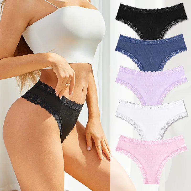 Set 5 pezzi perizomi donna vita media contrasto pizzo floreale – mutandine traspiranti sexy low-waist da S a XXL
